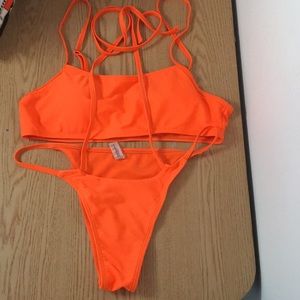 New Women’s Shein Neon Orange 2Pc Strappy Bikini Swimsuit Size Medium